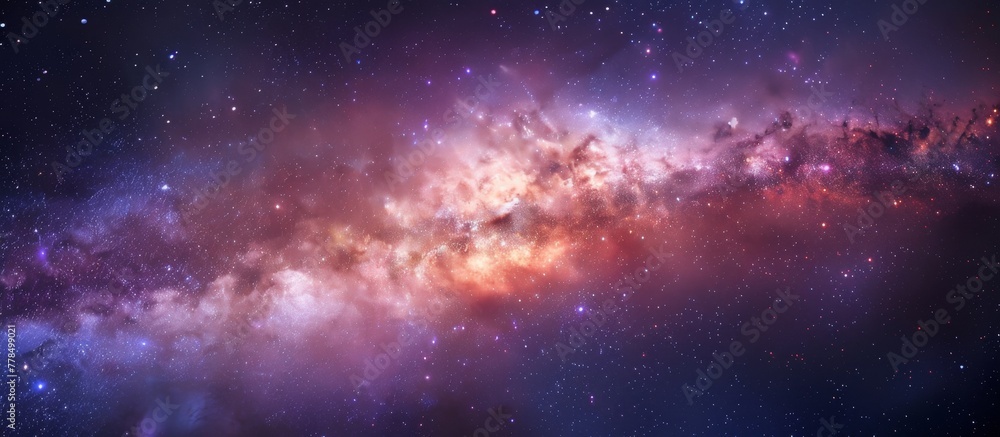 Colorful celestial galaxy filled with luminous stars and showcasing a vibrant purple core at its center, creating a mesmerizing cosmic display Colorful celestial galaxy filled with luminous stars and showcasing a vibrant purple core at its center, creating a mesmerizing cosmic display