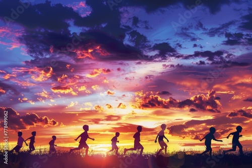 Children playing soccer in park at sunset, silhouette of boys in sporty team, digital painting