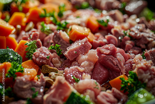 A detailed macro shot of a bowl of organic, raw dog food, highlighting the variety of textures and colors from meats, vegetables,