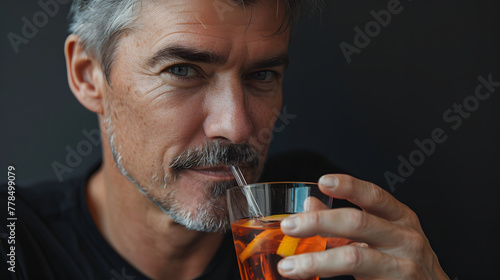 handsome man with short grey hair and goatee drinking an Aperol spritz