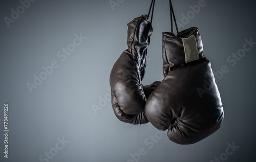 black boxing gloves, studio settings, sports concept stock photo, blue, gray background © Daniel