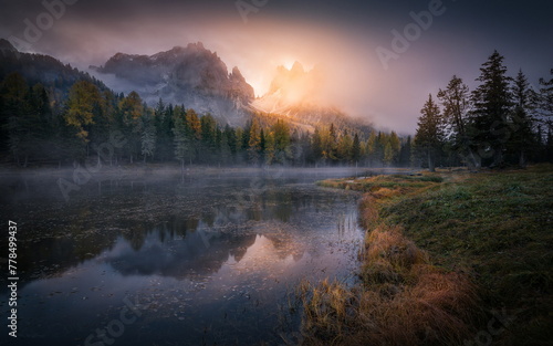 Dolomites Autumn Sunrise: Lago Antorno Bathed in Golden Light