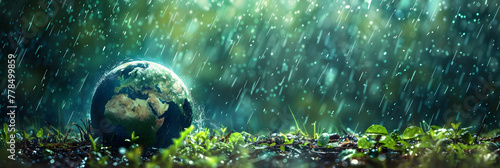The earth planet under rain on a green background