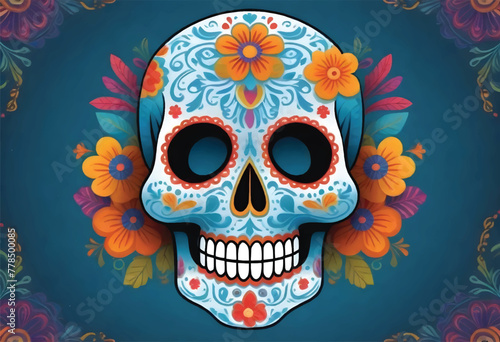 a colorful skull with flowers on it and colorful flowers design on background