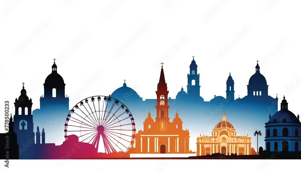 a colorful vector illustration of puebla city with a ferris wheel and landmarks in the background