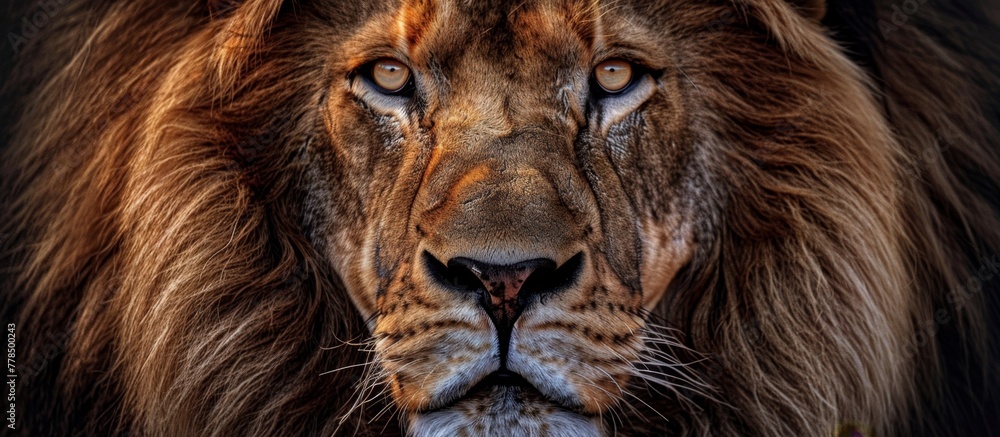 Naklejka premium Close-up portrait of a lion showing its intense gaze and facial features set against a dark, dramatic background