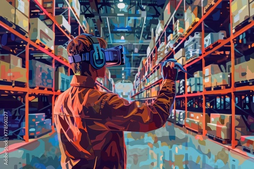 Futuristic Virtual Reality Warehouse Management with Automated Logistics Control - Digital Painting