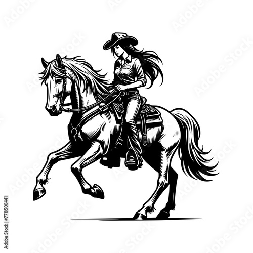 beautiful cowboy women riding horse hand drawn art style vector illustration