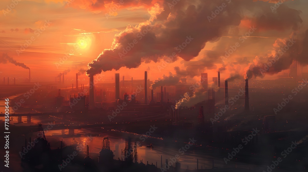 Industrial Dawn - Smokestacks Emissions - Environmental Impact 