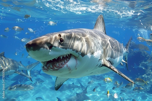 A Lamnidae shark swims with its mouth open in the water