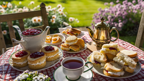 A traditional English garden brunch setting, featuring scones with clotted cream and jam, finger sandwiches, and a selection of teas. 