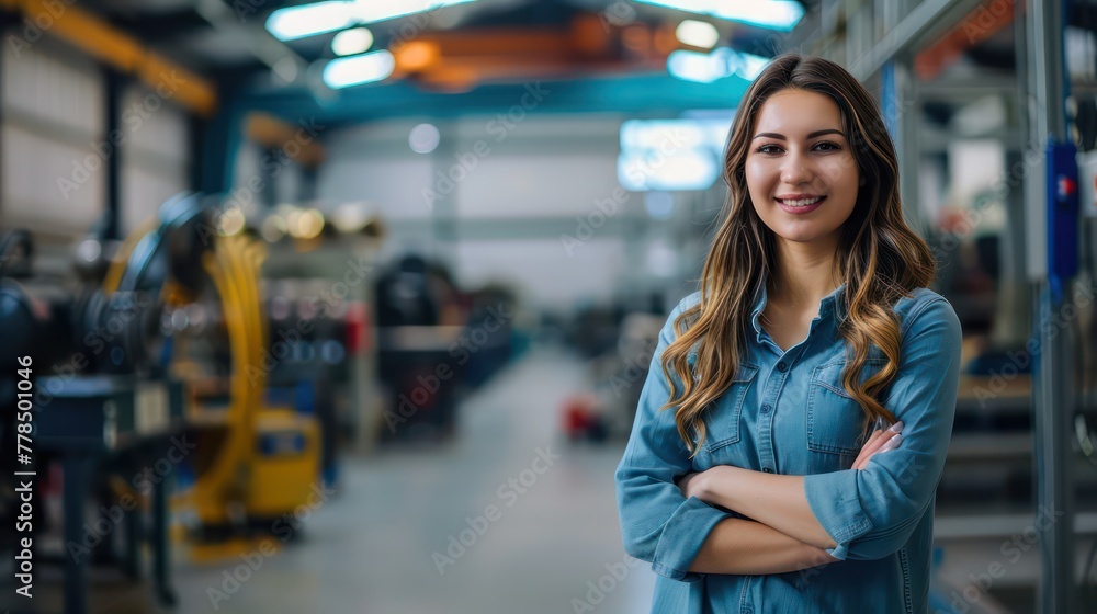 Professional at the Forefront of Industry - Smiling businesswoman stands confidently in an industrial setting.