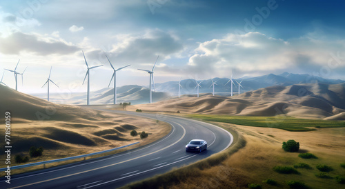 Car driving down road with windmills in background photo