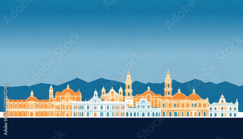 a vector illustration of landmark buildings in puebla, mexico with a mountain view in the background