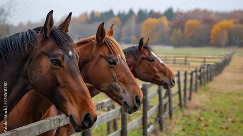 lineup of horses - horses putting their heads together - equestrian group - horses on a field behind a fence