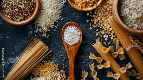 A wooden spoon surrounded by a symmetrical arrangement of grains and pasta, including rice, quinoa, and whole wheat spaghetti, on a dark, matte background, 