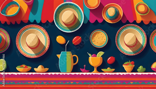 a colorful vector illustration of a table with a variety of hats and mugs for cinco de mayo