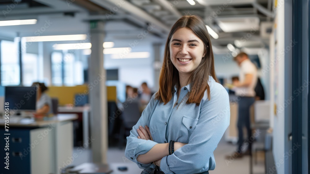 Innovator in the Hub of Collaboration - Radiant entrepreneur in a bustling modern office space. Innovator in the Hub of Collaboration - Radiant entrepreneur in a bustling modern office space.