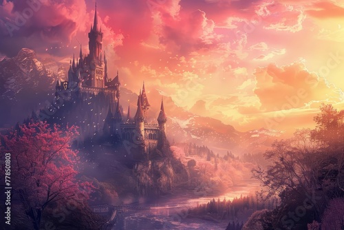 Enchanting Magic Fairy Tale Castle in Dreamy Fantasy Landscape  Digital Painting