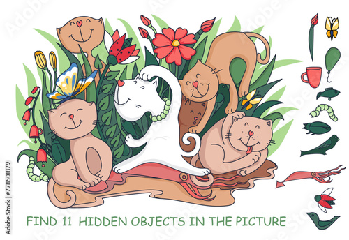 Find the hidden objects. Funny cats among flowers. Educational puzzle game for kids and adults. Sketch Vector illustration