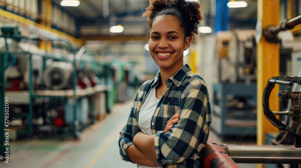 Professional at the Forefront of Industry - Smiling businesswoman stands confidently in an industrial setting.