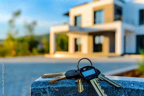 Close-up of the keys lying on parapet against background of a modern apartment building,the concept of real estate investment,mortgage on a house,purchase and construction of housing,mortgage loan