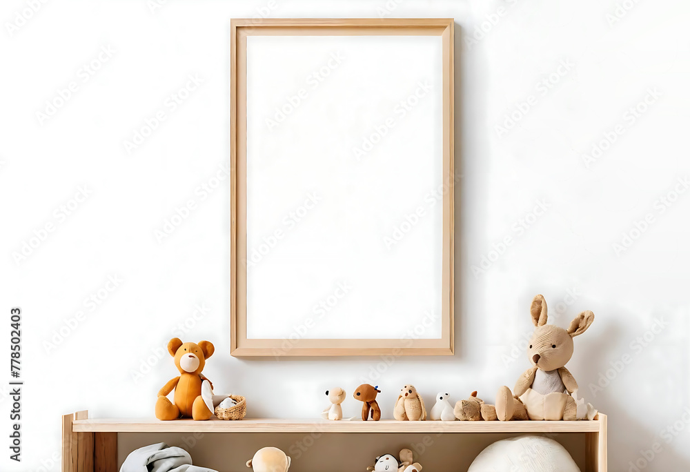 Nursery room. mock up template. Children's accessories. Playroom. Gift for newborn. beige rabbit, bear - soft toys. Empty Mockup Picture Frame on white Wall. mock-up. empty copy space for image, text - obrazy, fototapety, plakaty 