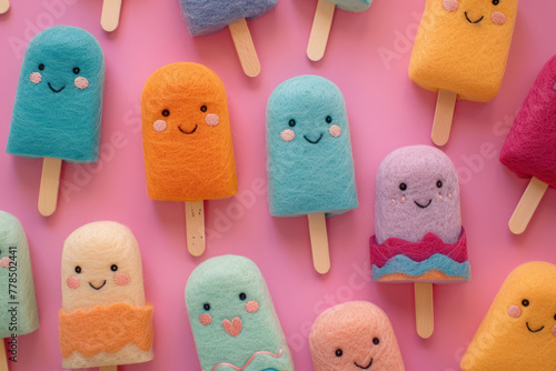 adorable wool felt popsicles with blushing cheeks on pink background photo