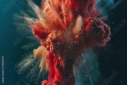 explosion of red powder bomb isolated on dark background