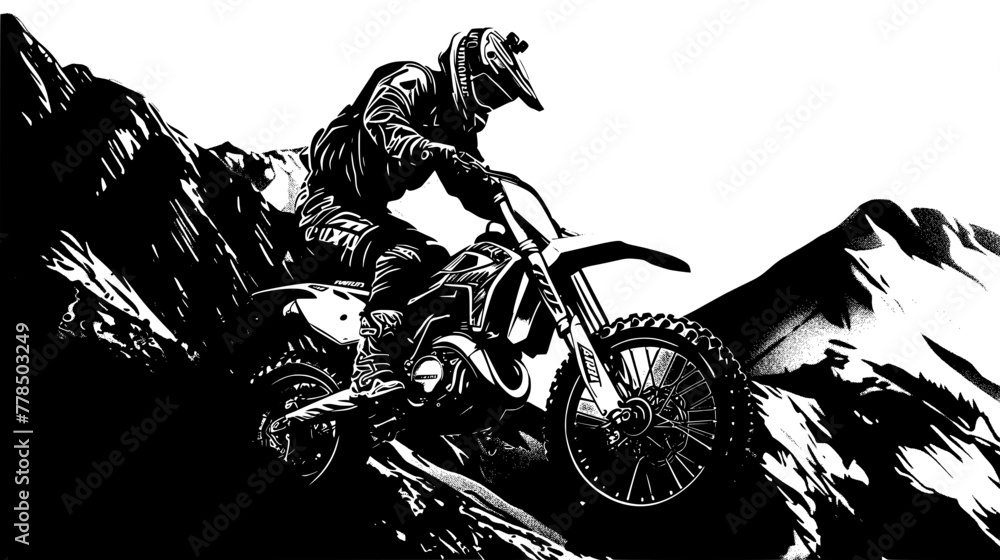 A motocross rider performs a wheelie on a steep mountain slope, portrayed in a dynamic black and white illustration highlighting the thrill of extreme sports. - obrazy, fototapety, plakaty 