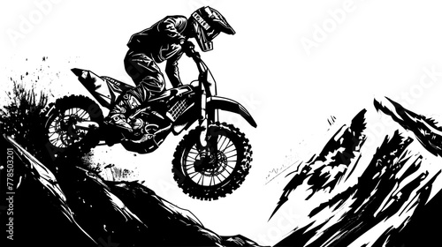 A motocross rider performs a wheelie on a steep mountain slope, portrayed in a dynamic black and white illustration highlighting the thrill of extreme sports.