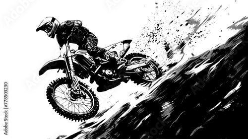 A motocross rider performs a wheelie on a steep mountain slope, portrayed in a dynamic black and white illustration highlighting the thrill of extreme sports.