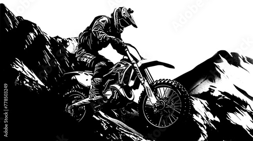 A motocross rider performs a wheelie on a steep mountain slope, portrayed in a dynamic black and white illustration highlighting the thrill of extreme sports. photo