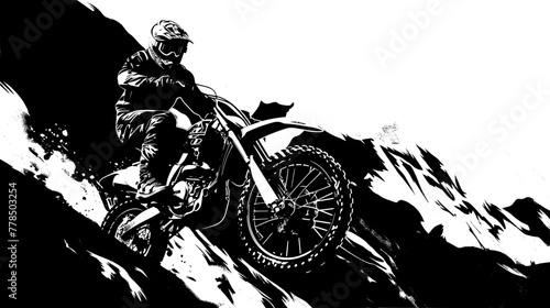 A motocross rider performs a wheelie on a steep mountain slope, portrayed in a dynamic black and white illustration highlighting the thrill of extreme sports.