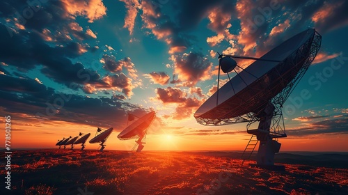 Parabolic satellite dish sunrise sky communication technology network in a large empty lot.