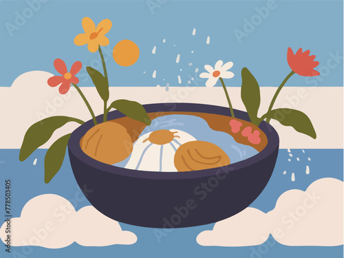 A Bowl of Refreshing Water. Blazing Summer. Blooming Flowers in a Sun-Drenched Bowl of Water. Vector Flat Illustration.