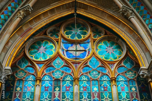  Colorful stained glass window in Gothic cathedral  medieval arches  mosaic frames  architecture