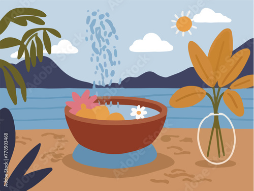 A Bowl of Refreshing Water. Blazing Summer. Blooming Flowers in a Sun-Drenched Bowl of Water. Vector Flat Illustration.