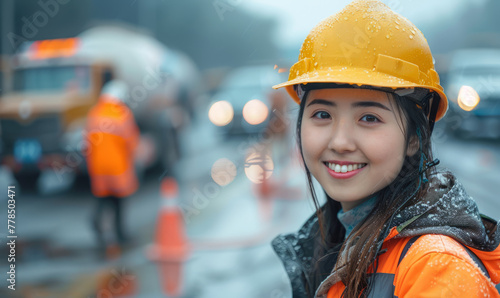 Young Chinese female heavy duty worker at work, realistic portrait, happy face.
