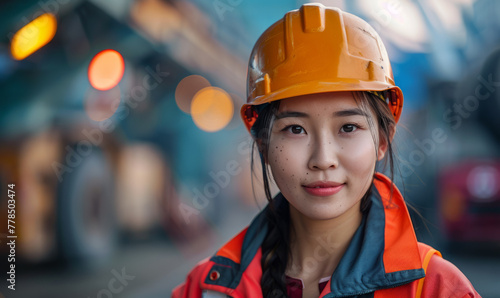 Young Chinese female heavy duty worker at work, realistic portrait, happy face.