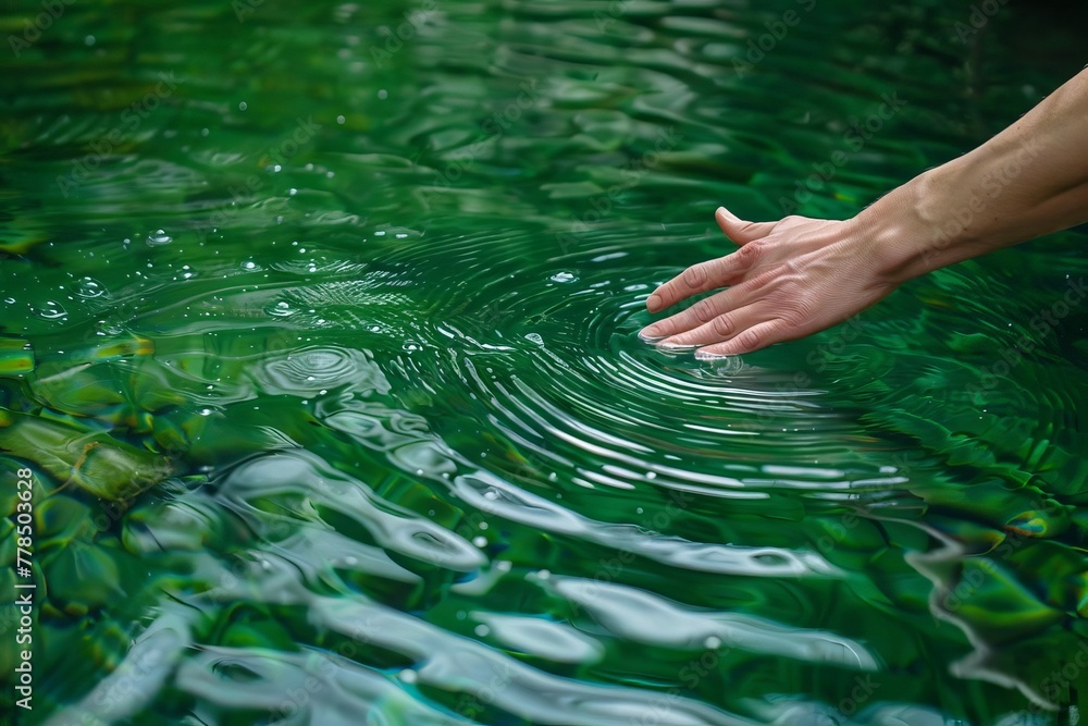 Hand touching pure green river water, symbolic ecological gesture, natural resource conservation