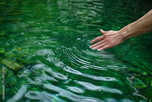 Hand touching pure green river water, symbolic ecological gesture, natural resource conservation