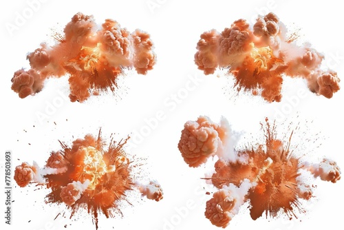 Multiple explosions isolated on white background, dramatic fiery bursts, action sequence