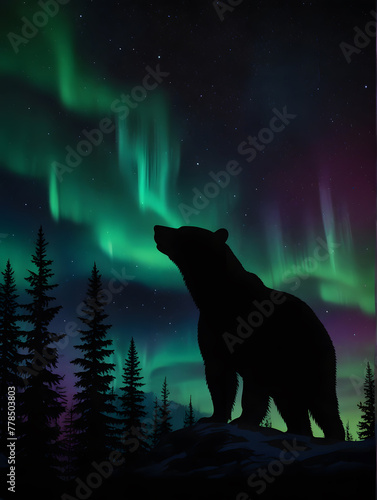 Majestic Bear Portrait  Northern Lights Silhouette