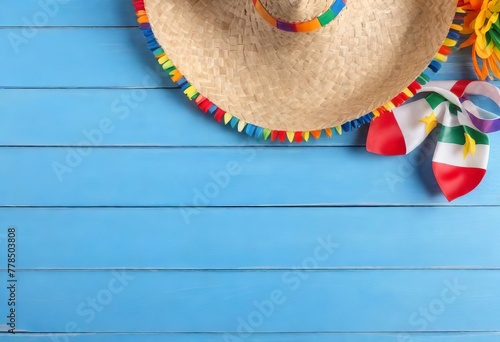 Straw sombrero hat on blue wooden background, Traditional Mexican background, for Cinco de Mayo holiday, poster, design, flyer, invitation card. Top view, copy space