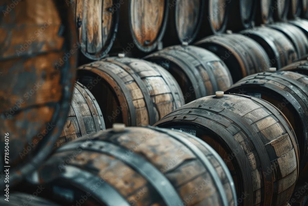 Oak wine barrels stacked in old dark cellar, cognac whiskey aging warehouse, winemaking