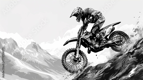 A motocross rider performs a wheelie on a steep mountain slope, portrayed in a dynamic black and white illustration highlighting the thrill of extreme sports.