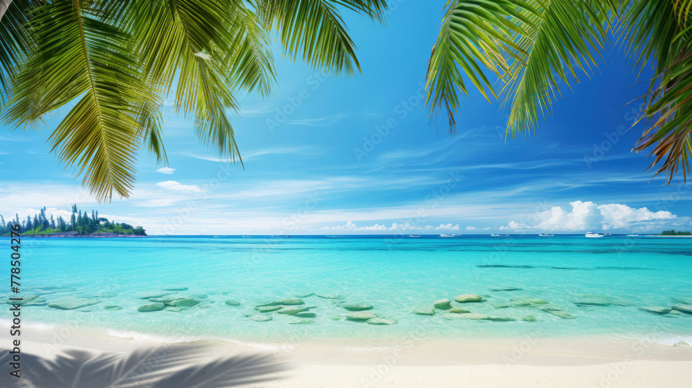 Vacation, holiday, summer, travel - beach with sea or ocean water and blue sunlight sky, palm trees with leaves Vacation, holiday, summer, travel - beach with sea or ocean water and blue sunlight sky, palm trees with leaves