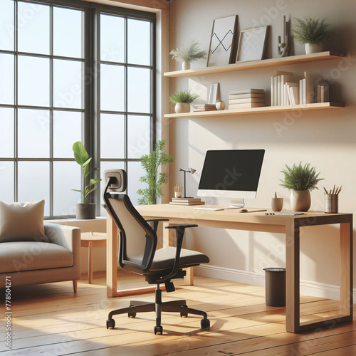 A Modern Home Office. The room is well-lit with natural light pouring in through large windows. A sleek wooden desk houses a modern computer monitor, with an ergonomic chair placed in front. © hobonski