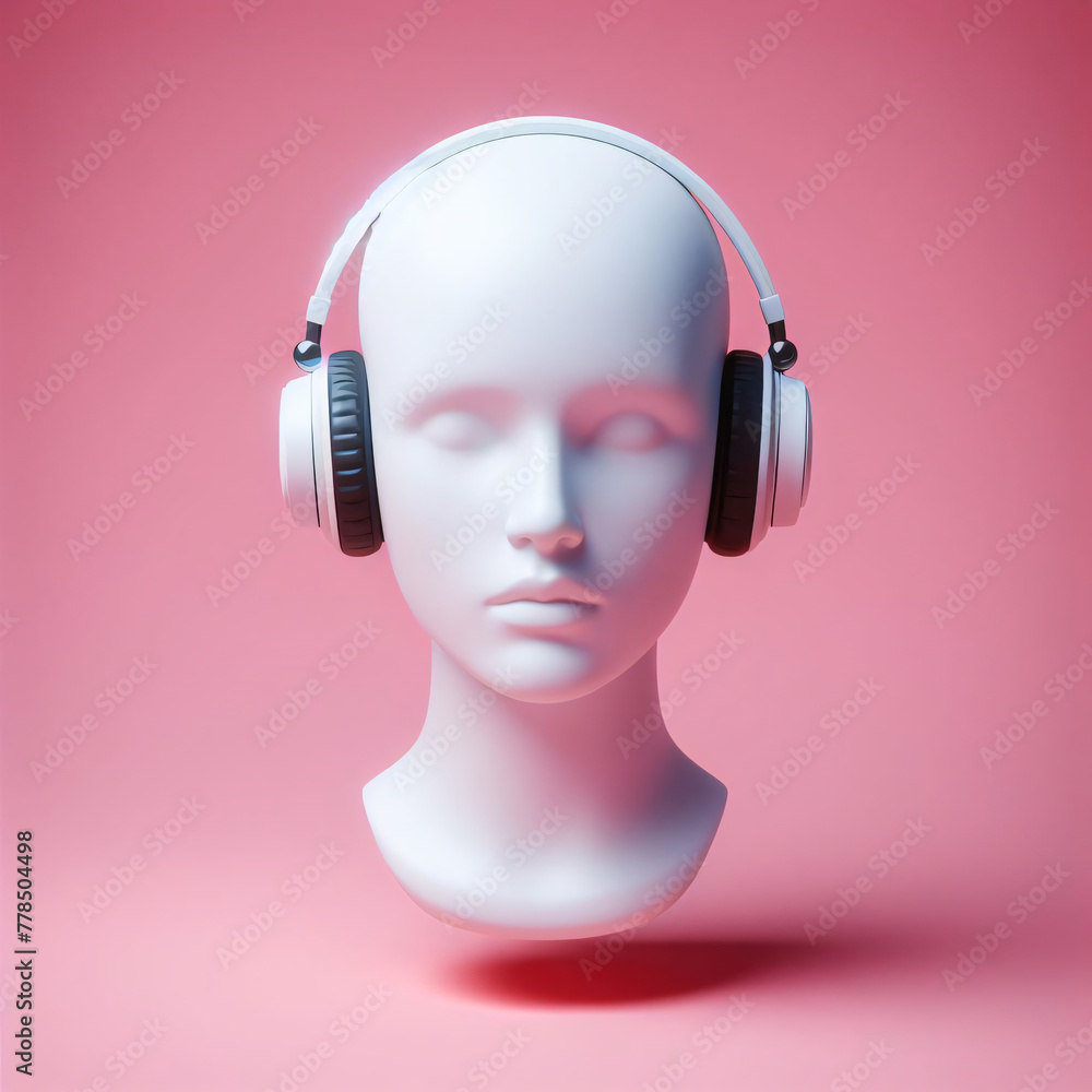 This striking image features a white mannequin head donning white headphones, set against a vibrant pink backdrop. It symbolizes the seamless integration of technology into our lives.